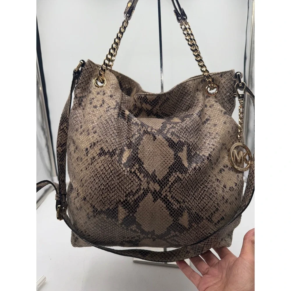 Michael Kors Snakeskin Embossed Leather Hobo Bag Brown Gold Hardware Crossbody